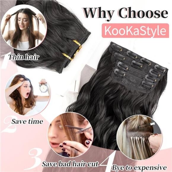 KooKaStyle Clip in Synthetic Hair Extensions Long Wavy 4PCS Thick Hairpieces - Picture 5 of 7